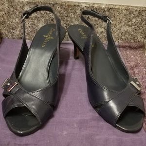 Cole Haah Navy Sling Back Kitten Heel Peep Toe